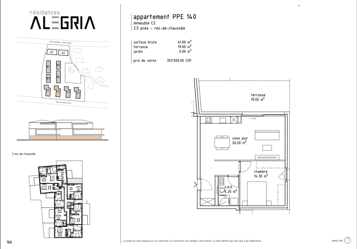 Appartement de 2.5 pièces au rez de chaussée, terrasse.